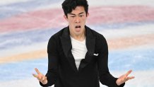 USA's Nathan Chen competes in the Men's Single Skating Short Program of the Figure Skating event during the 2022 Winter Olympics at the Capital Indoor Stadium in Beijing, China on Feb. 8, 2022.