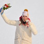 Gold medallist Slovakia's Petra Vlhova celebrates on the podium during the Women's Slalom victory ceremony at the 2022 Winter Olympics at the Yanqing National Alpine Skiing Centre in Yanqing, China on Feb. 9, 2022.