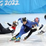 From left: Itzhak de Laat of the Netherlands, Abzal Azhgaliyev of Kazakhstan, Daeheon Hwang of South Korea, and Ryan Pivirotto of the USA compete in a men's 500m short track speed skating heat at the 2022 Winter Olympic Games, Feb. 10, 2022. Pivirotto, who took third during his heat, will advance to the quarterfinals.