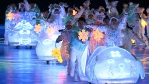 Skates, inspired by the Chinese zodiac signs, carry performers at the 2022 Winter Olympics Closing Ceremony, Feb. 20, 2022 in Beijing.