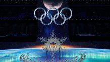 A large Olympic logo and snowflake is erected during the Opening Ceremony of the Beijing 2022 Winter Olympics at the Beijing National Stadium on Feb. 4, 2022, in Beijing, China.