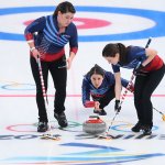 Becca Hamilton, Tabitha Peterson and Tara Peterson of Team United States compete against Team Denmark during the Women's Round Robin Session Two at the National Aquatics Centre, Feb. 10, 2022 in Beijing, China. The women's curling team got their second win of the day when they edged out Denmark 7-5.