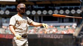 SAN FRANCISCO, CALIFORNIA β MAY 08: Eric Hosmer #30 of the San Diego Padres tosses his bat after he struck out to end the fourth inning against the San Francisco Giants at Oracle Park on May 08, 2021 in San Francisco, California. (Photo by Ezra Shaw/Getty Images)