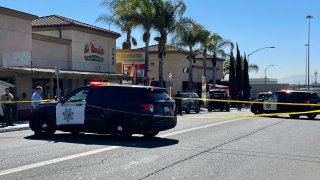 A San Diego Police Department car in Otay Mesa following a fatal shooting on Feb. 19, 2022.