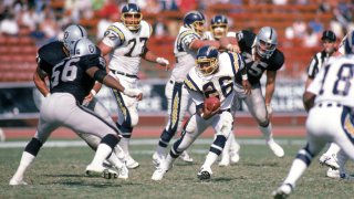 LOS ANGELES - SEPTEMBER 28: Running back Lionel James #26 of the San Diego Chargers looks for room to run during a game against the Los Angeles Raiders at the Los Angeles Memorial Coliseum on September 28, 1986 in Los Angeles, California. The Raiders won 17-13. (Photo by George Rose/Getty Images)