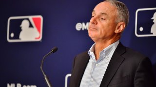 ORLANDO, FLORIDA – FEBRUARY 10: Major League Baseball Commissioner Rob Manfred answers questions during an MLB owner’s meeting at the Waldorf Astoria on February 10, 2022 in Orlando, Florida. Manfred addressed the ongoing lockout of players, which owners put in place after the league’s collective bargaining agreement ended on December 1, 2021. ()