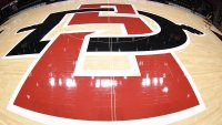 SAN DIGO, CALIFORNIA – DECEMBER 22: The San Diego State Aztecs logo on the floor before a college basketball game against the San Diego Toreros at the Viejas Arena on December 22, 2021 in San Diego, California. (Photo by Mitchell Layton/Getty Images)