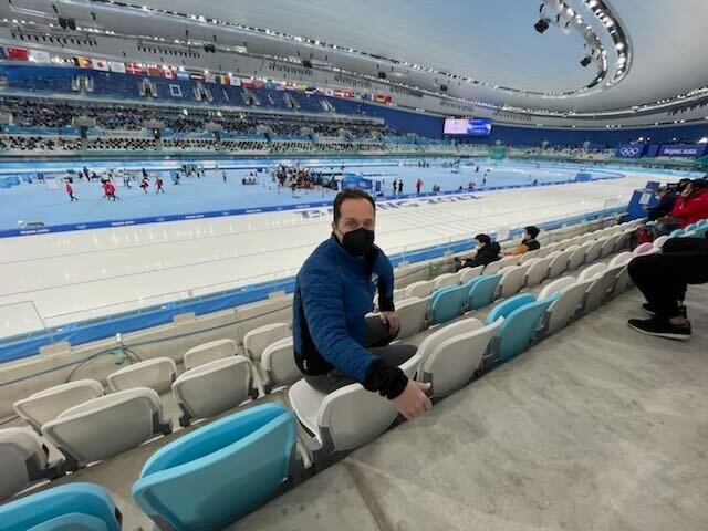 NBC 7 Anchor Steven Luke poses for a photo at the speed skating ice rink at the Winter Olympics in Beijing, Feb. 15, 2022.