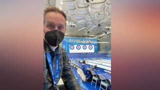 NBC 7 anchor Steven Luke snaps a selfie inside the Curling Arena at the National Aquatics Center, also known as the "ice cube," at the Winter Olympics in Beijing, Feb. 2, 2022.