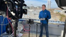 NBC 7 anchor Steven Luke conducts a recorded "standup" at the Winter Olympics in Beijing, Feb. 6, 2022.