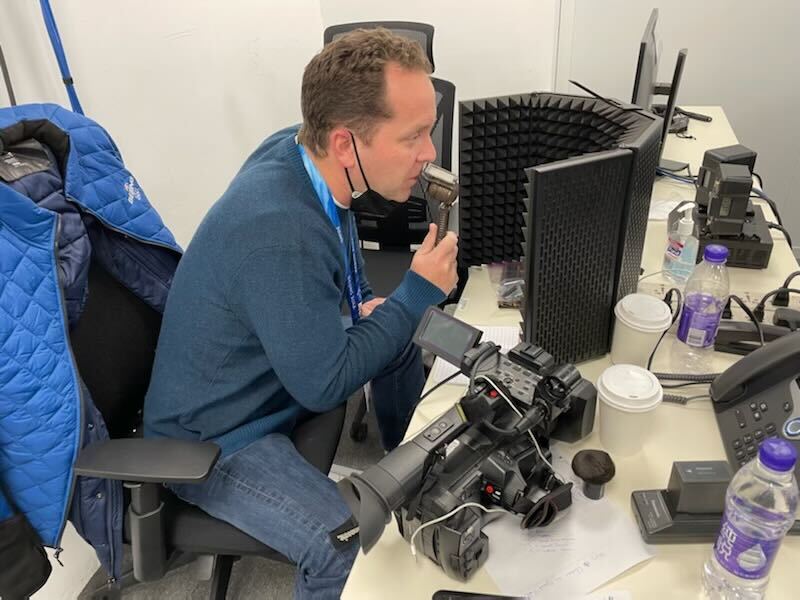 NBC 7 anchor Steven Luke records audio for a story at the Winter Olympics in Beijing, Feb. 6, 2022.