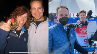 NBC 7 Anchor Steven Luke poses for photos with Shaun White in Torino, Italy in 2006 (left) and in Beijing, China (right) Feb. 10, 2022.