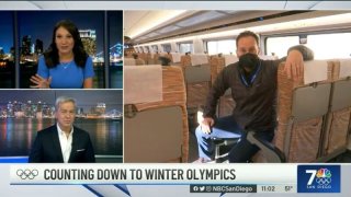 NBC 7 anchor Steven Luke talks with anchors Mark Mullen and Catherine Garcia during a liveshot from a high-speed train outside of Beijing, Feb. 1, 2022.