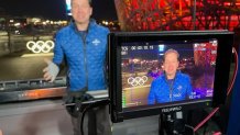 NBC 7 Anchor Steven Luke is seen in front of the "Bird's Nest" during a live shot from the Winter Olympics in Beijing, Feb. 16, 2022.