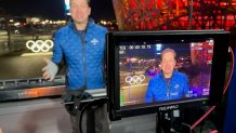 NBC 7 Anchor Steven Luke is seen in front of the "Bird's Nest" during a live shot from the Winter Olympics in Beijing, Feb. 16, 2022.