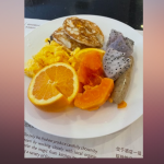 An array of breakfast items such as eggs, dragon fruit and oranges are displayed on a breakfast plate, Feb. 8, 2022.