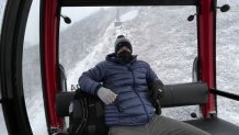 NBC 7 Anchor Steven Luke rides a gondola into the mountains outside of Beijing at the Winter Olympics, Feb. 13, 2022.