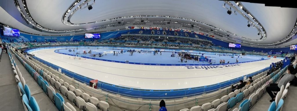 People move about on the speed skating ice rink at the Winter Olympics in Beijing, Feb. 15, 2022.