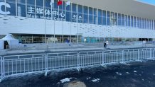 The Main Media Center for journalists attending the Winter Olympics is shown on a cold, winter day in Beijing, Feb. 15, 2022.