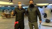 NBC 7 anchor Steven Luke poses for a photo with snowboarder Seamus O' Connor at the Winter Olympics in Beijing, Feb. 5, 2022.