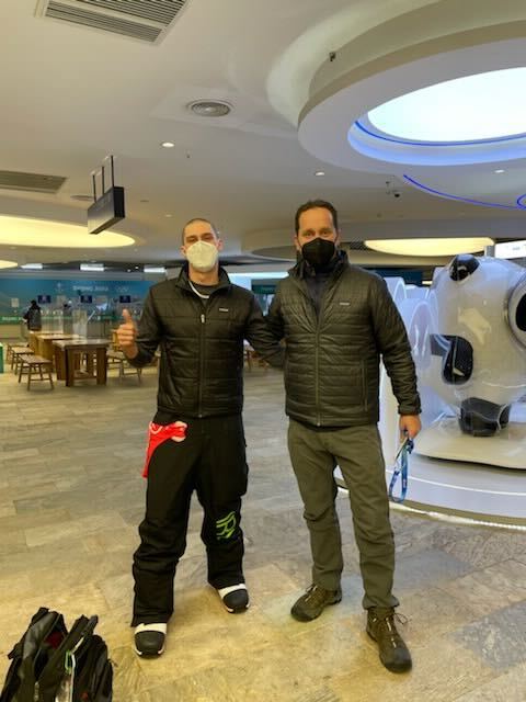NBC 7 anchor Steven Luke poses for a photo with snowboarder Seamus O' Connor at the Winter Olympics in Beijing, Feb. 5, 2022.