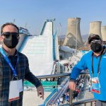 NBC 7 anchor Steven Luke (left) and NBC 7 Media Manager Jason Guinter (right) pose for a photo at the Big Air Shougang Olympic venue in Beijing, Feb. 9, 2022.