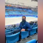 NBC 7 Anchor Steven Luke poses for a photo at the ice rink at the Winter Olympics in Beijing, Feb. 18, 2022.