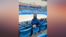 NBC 7 Anchor Steven Luke poses for a photo at the ice rink at the Winter Olympics in Beijing, Feb. 18, 2022.