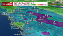 Forecasted rainfall totals by Wednesday, Feb. 23, 2022 for San Diego County.