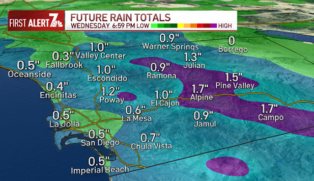 Forecasted rainfall totals by Wednesday, Feb. 23, 2022 for San Diego County.