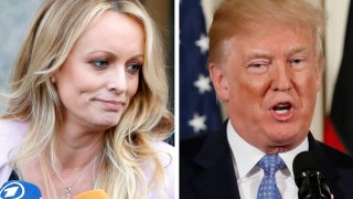 FILE - Adult film actor Stephanie Clifford, also known as Stormy Daniels (L); Former President Donald Trump.