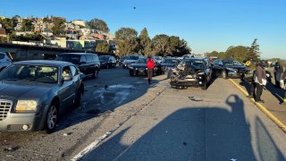 Scene of an 11-car pileup on Interstate 280 in San Francisco.