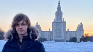 Tulane University senior Zavier Ridgley stands for a self-portrait in front of Moscow State University in Moscow, Russia, in January 2022. Colleges across the U.S. are pulling students from study abroad programs in Russia, ending research partnerships and cutting financial ties with their educational partners in the country.