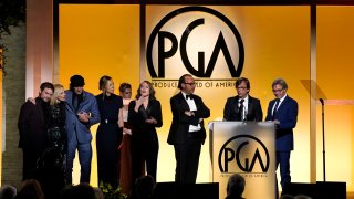 The Producing team and cast of "Coda" accept the Darryl F. Zanuck Award for Outstanding Producer of Theatrical Motion Pictures at the 33rd annual Producers Guild Awards on Saturday, March 19, 2022, at the Fairmont Century Plaza Hotel in Los Angeles.