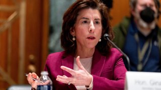 US Commerce Secretary Gina Raimondo testifies before the Senate Appropriations Subcommittee on Commerce, Justice, Science, and Related Agencies during a hearing on expanding broadband access on Capitol Hill in Washington, DC, on Feb. 1, 2022.