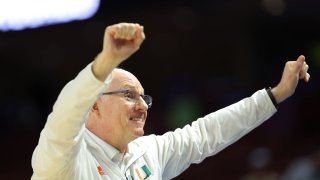 GREENVILLE, SOUTH CAROLINA – MARCH 18: Head coach Jim Larranaga of the Miami (Fl) Hurricanes reacts after defeating the USC Trojans 68-66 during the second half in the first round game of the 2022 NCAA Men’s Basketball Tournament at Bon Secours Wellness Arena on March 18, 2022 in Greenville, South Carolina. (Photo by Kevin C. Cox/Getty Images)