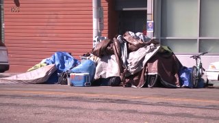 A homeless encampment is seen in San Diego on March 14, 2022.