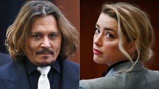 This combination of photos shows actors Johnny Depp, left, and Amber Heard inside the courtroom for Depp’s libel suit against Heard at the Fairfax County Circuit Court on April 12, 2022, in Fairfax, Va. Depp has accused Heard of indirectly defaming him in a 2018 opinion piece that she wrote for The Washington Post.