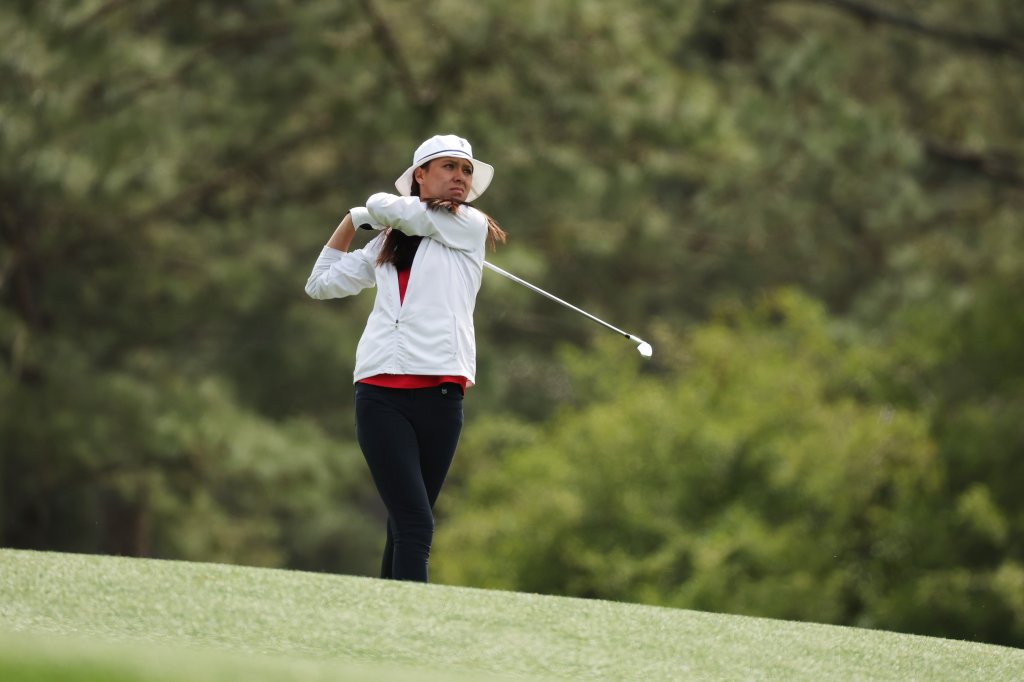 AUGUSTA, GEORGIA - APRIL 02: Anna Davis of the United States plays a shot during the final round of the Augusta National Women's Amateur at Augusta National Golf Club on April 02, 2022 in Augusta, Georgia. 