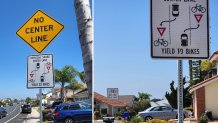 Photos of road sign installed along Gold Coast Drive in Mira Mesa to explain the rules of the neighborhood's new bike advisory lanes.