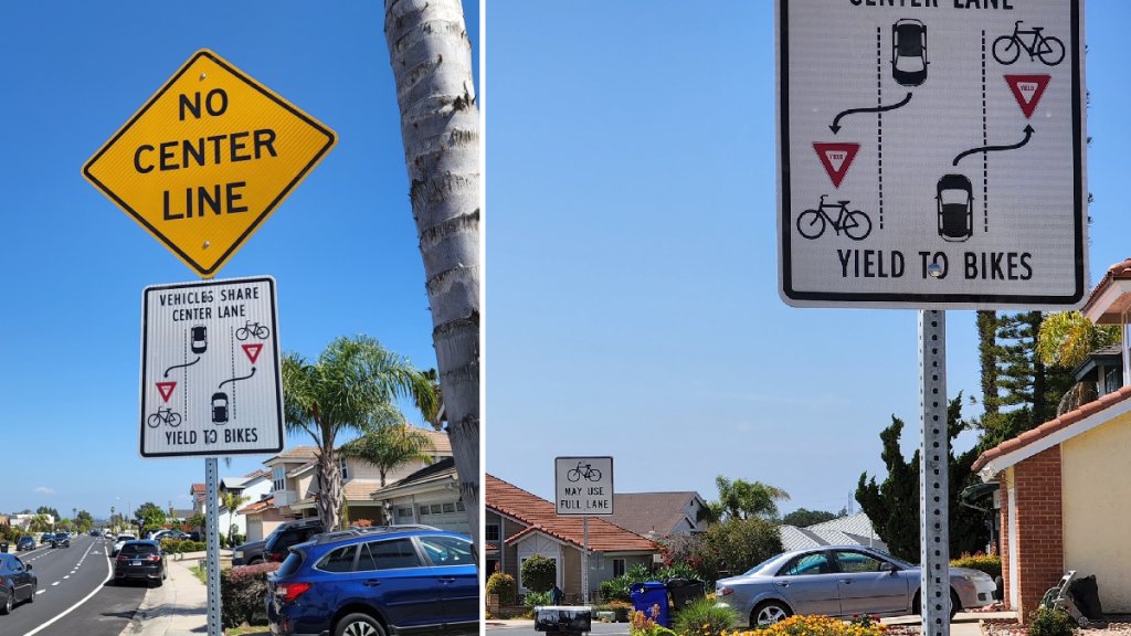 Photos of road sign installed along Gold Coast Drive in Mira Mesa to explain the rules of the neighborhood's new bike advisory lanes.