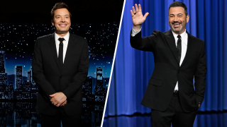 Jimmy Fallon and (left) Jimmy Kimmel (right) swapped shows for an April Fools' Day prank.