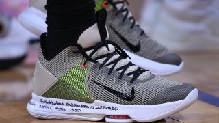 SAN FRANCISCO, CALIFORNIA – FEBRUARY 08: A detailed view of the Nike “LeBron James” basketball shoes worn by LeBron James #23 of the Los Angeles Lakers against the Golden State Warriors during an NBA basketball game at Chase Center on February 08, 2020 in San Francisco, California.