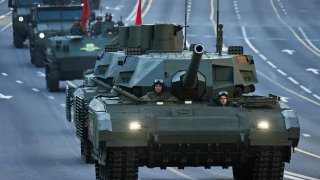 MOSCOW, RUSSIA – MAY 04: A Russian T-14 Armata tank participates in a Victory Day Parade night rehearsal on Tverskaya street on May 4, 2022 in Moscow, Russia. The holiday, a remembrance of Russians who died in World War II and victory over the Nazis, takes on added significance this year as Russia continues to pursue its war against Ukraine. (Photo by Oleg Nikishin/Getty Images)