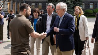 Ukrainian President Volodymyr Zelenskyy, left, shakes hands with Senate Minority Leader Mitch McConnell, R-Ky