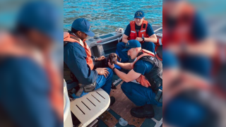 U.S. Coast Guard crew members tending to a dog named Myla