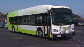 An MTS electric bus pictured in San Diego on Thursday, May 5, 2022.