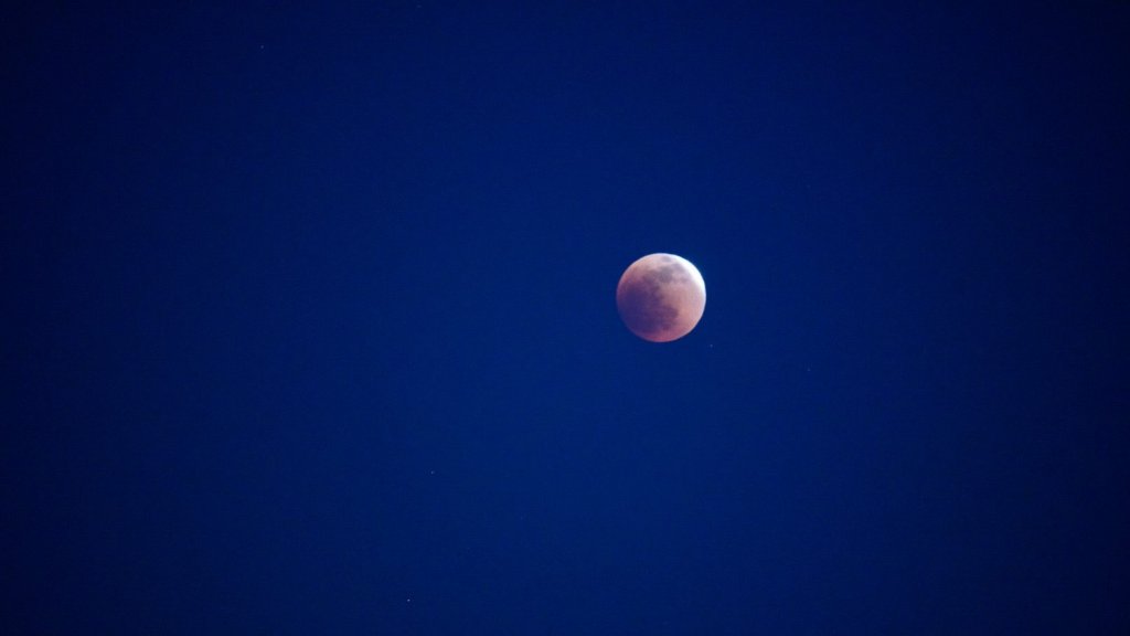 A lightly red blood moon in a blue sky during a lunar eclipse in San Diego