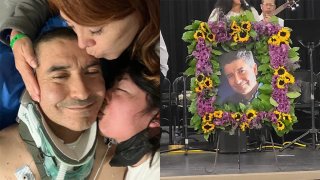 Ramón Jaime, a spanish teacher from Escondido, died after being hit by a car in Tijuana. On the left, he's surrounded by his family. On the right, students pay tribute.