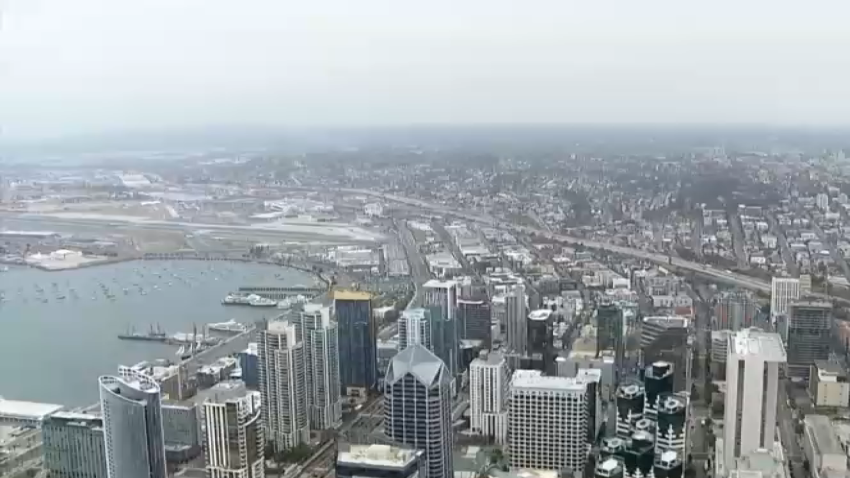 An aerial view of the downtown San Diego covered in "May gray" clouds on May 2, 2022.